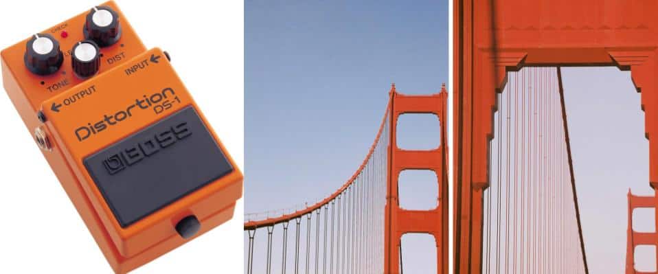 the Boss DS-1 guitar pedal and the Golden Gate Bridge side by side